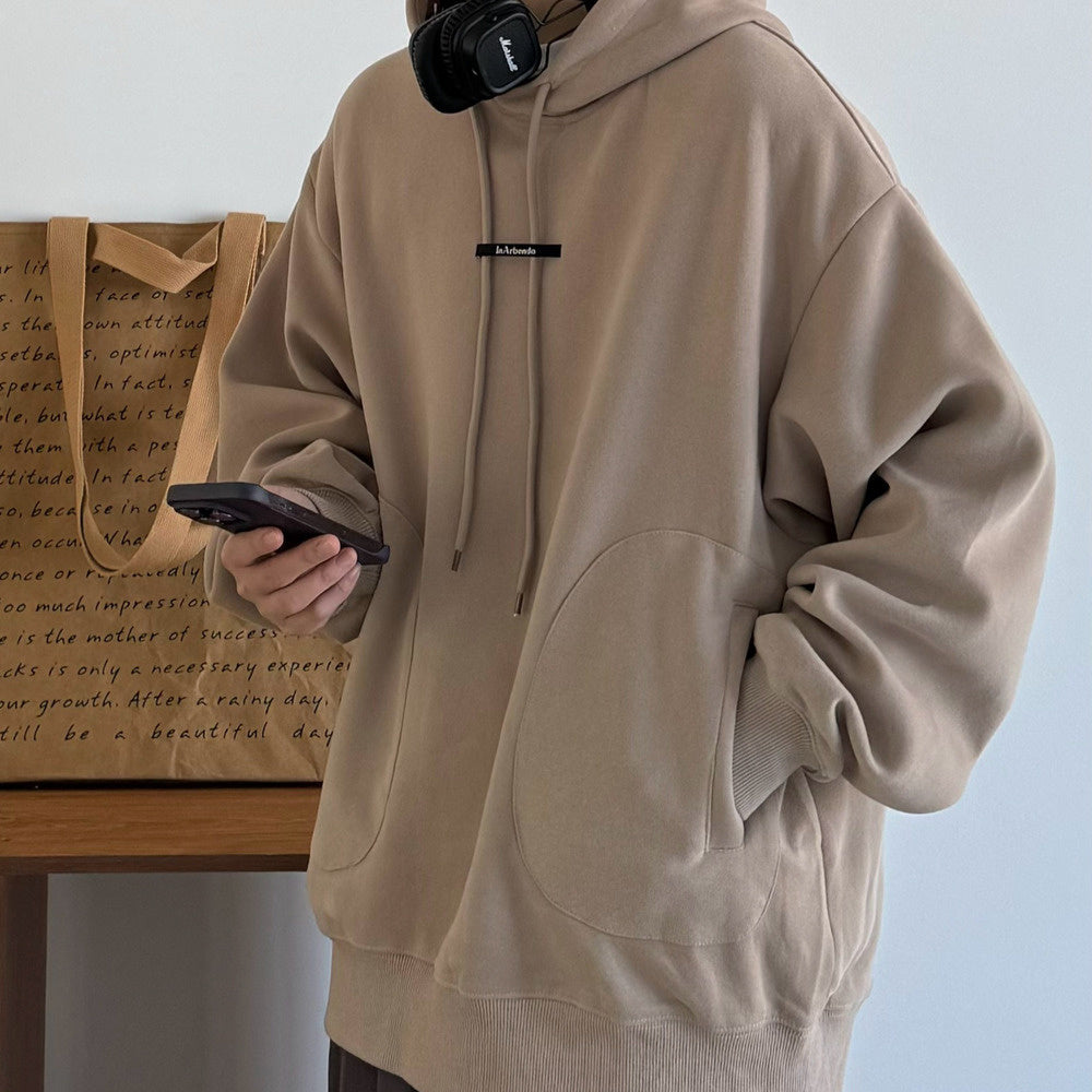 春秋大地色简约软糯连帽套头中性卫衣帽衫