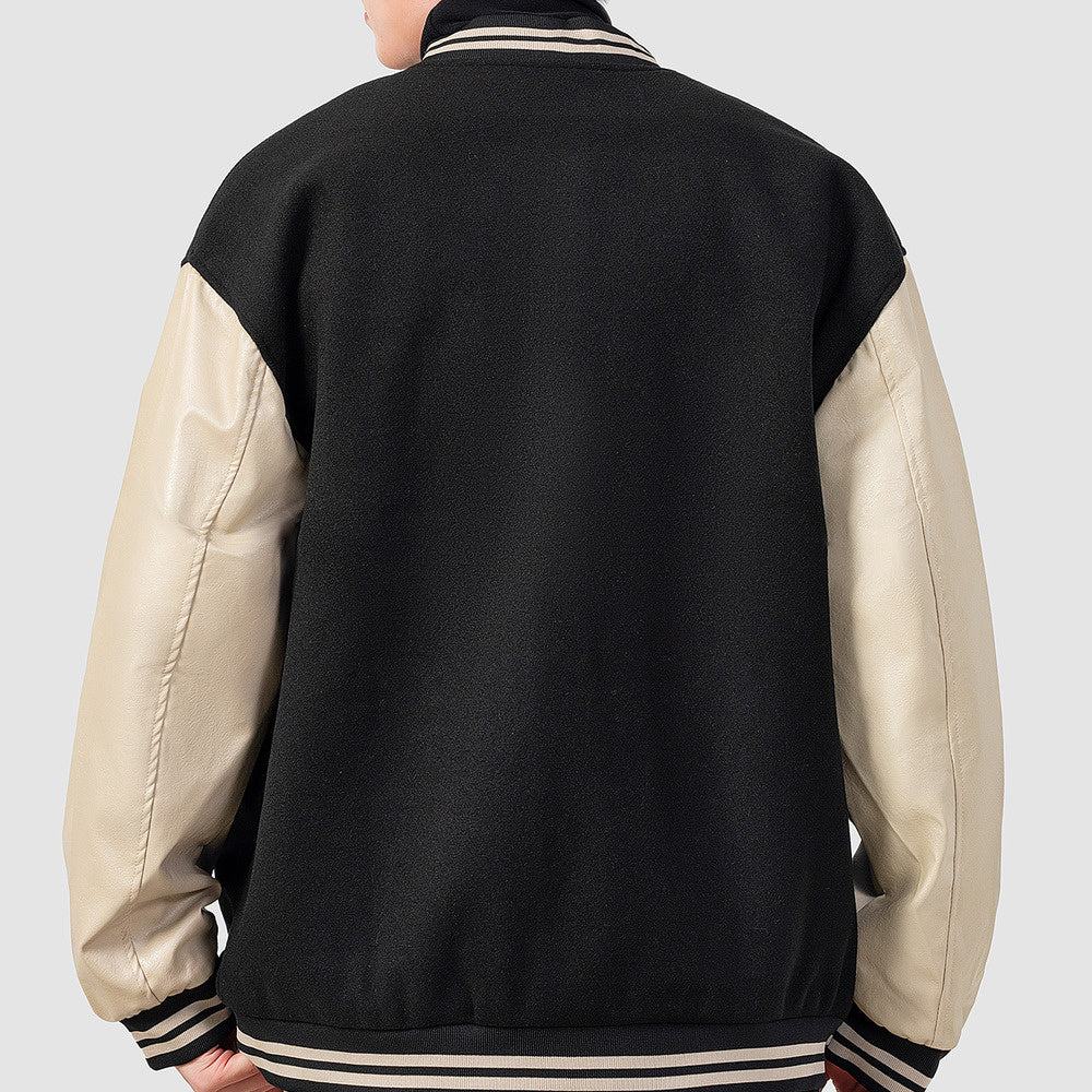 美式拼接pu皮棒球服外套男士春秋季情侶刺繡休閑夾克