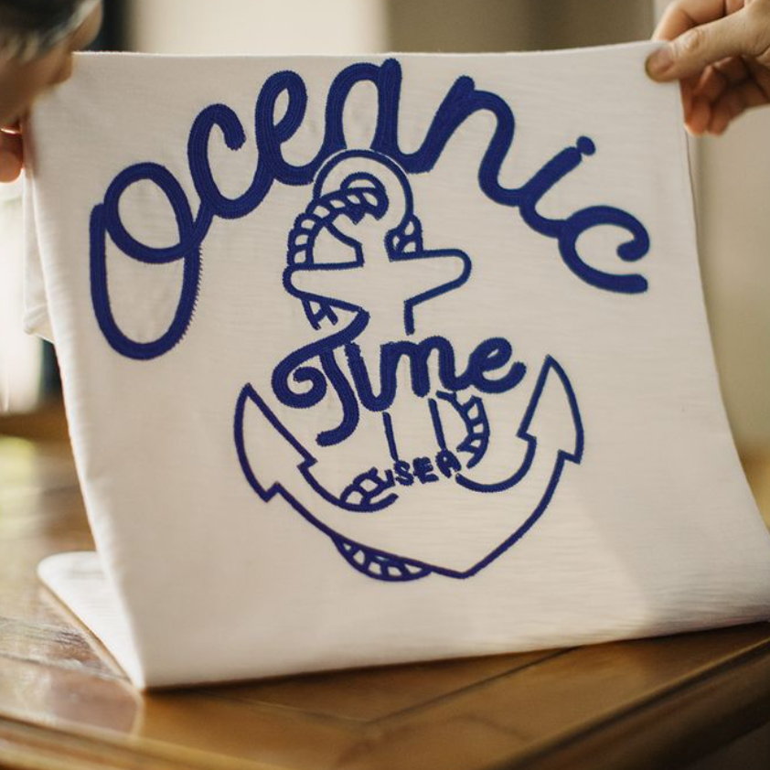 美式復古海軍刺繡T恤白色重磅竹節棉螺紋領口短袖男夏季