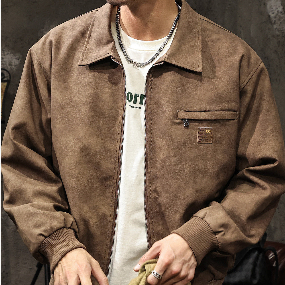 PU皮美拉德色系機車皮衣外套男士潮牌寬松美式復古做舊夾克