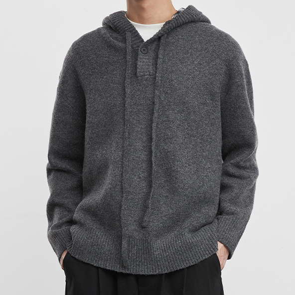 帽織男裝連帽紐釦針織毛衣秋冬寬鬆休閒套頭毛衫潮流上衣