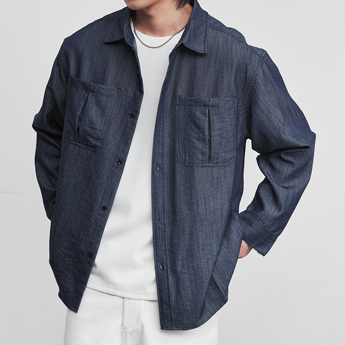 仿牛仔布長袖襯衫壓皺拼接雙貼袋襯衣男士新款春季休閒薄外套