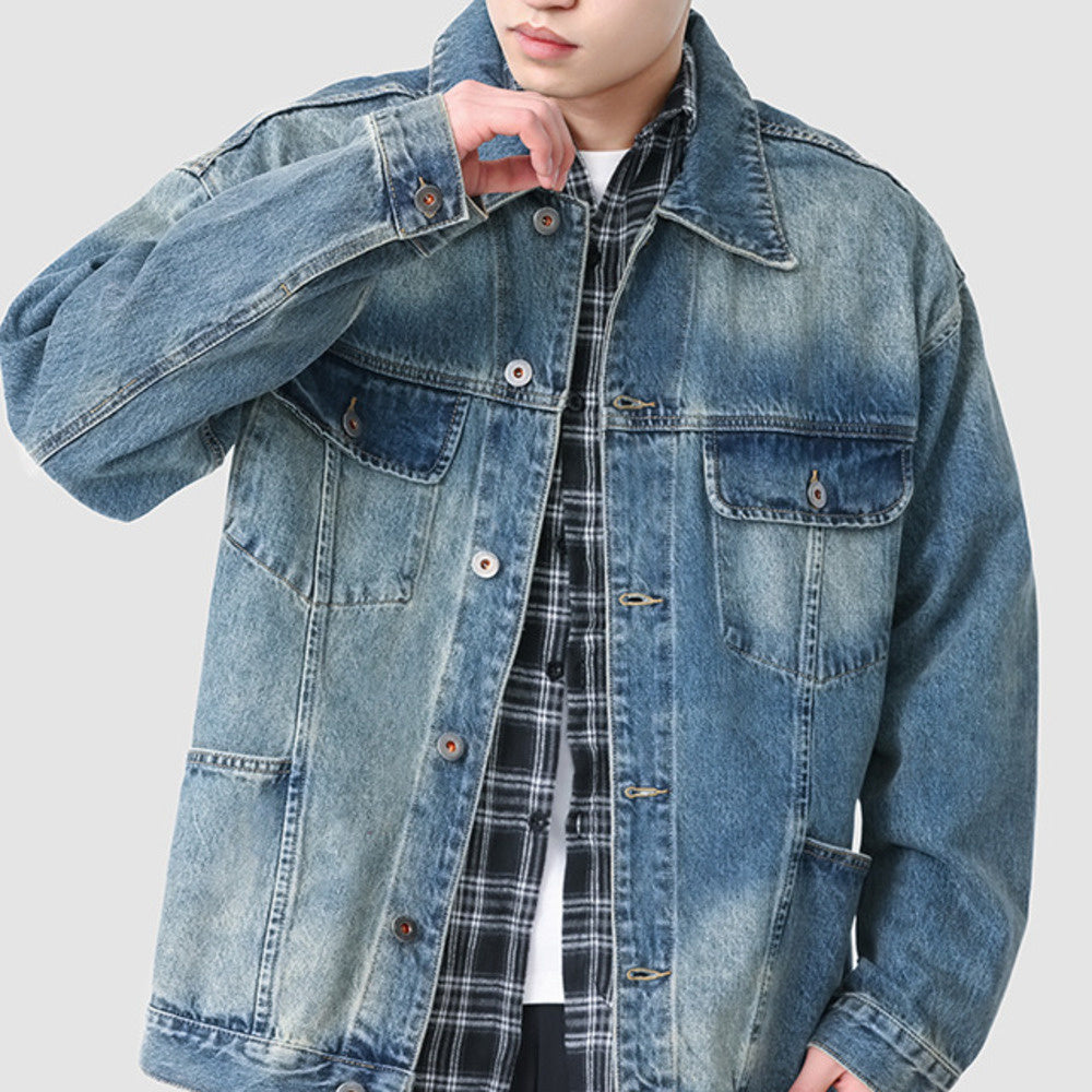 美式潮牌水洗做舊牛仔外套男秋季款寬松百搭工裝夾克