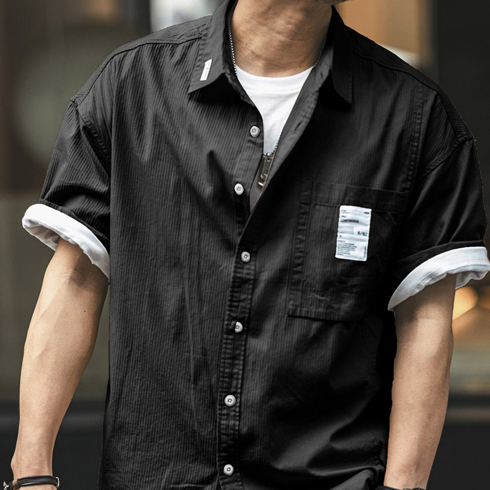 美式黑色短袖襯衫男夏季薄款寬松純棉休閑上衣痞帥疊穿工裝襯衣男