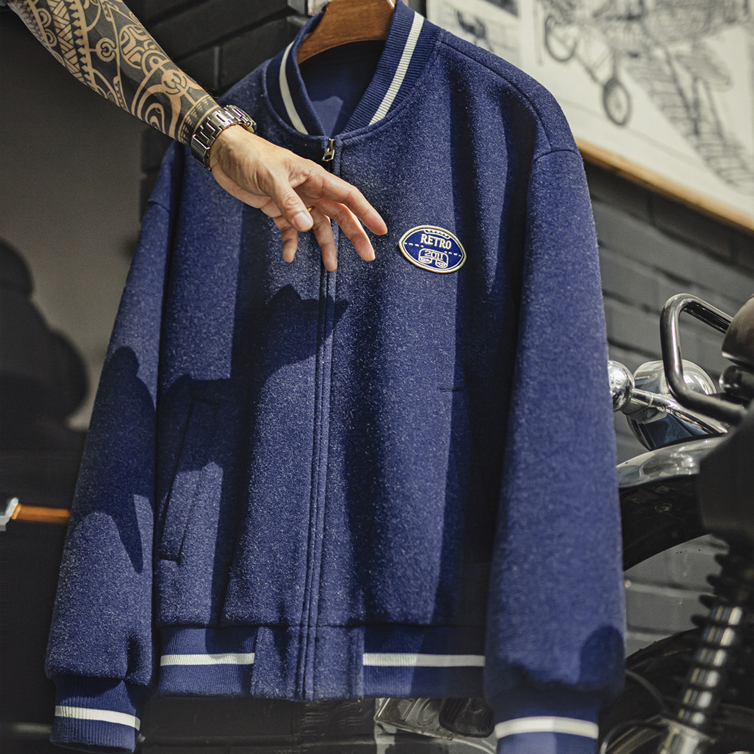 美式復古藍色針織棒球服夾克痞帥刺繡撞色短款外套男士秋