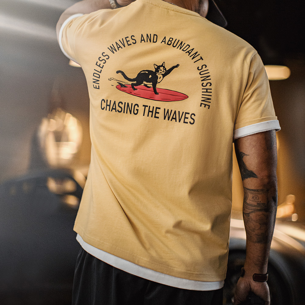 美式復古後背發泡印花T恤重磅薑黃色小眾創意短袖男款夏