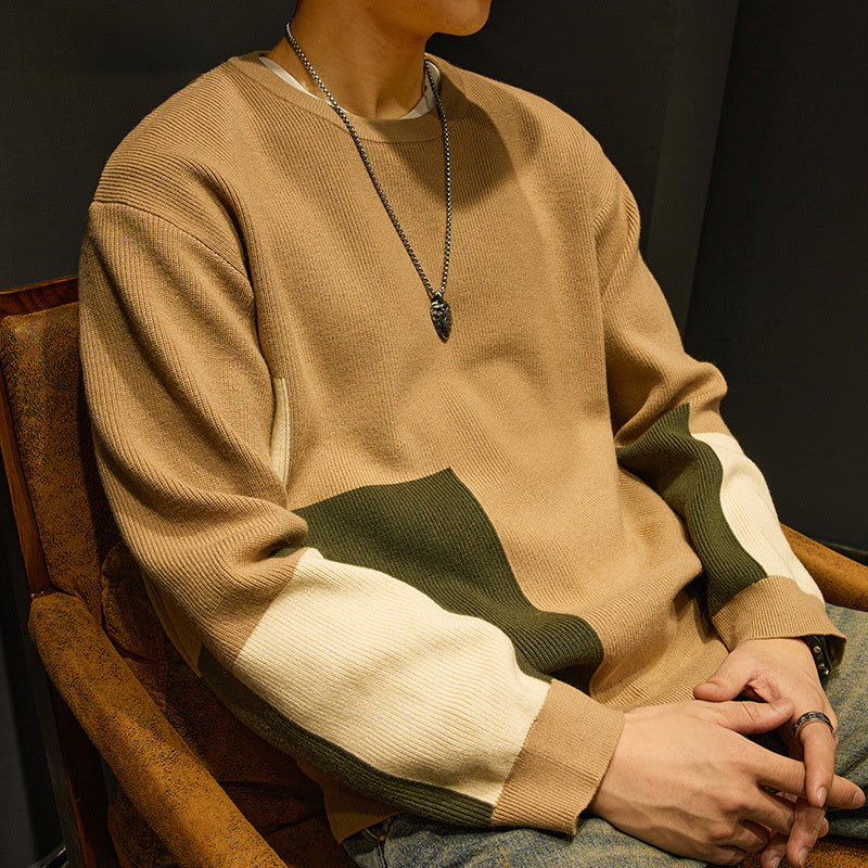 高端美式毛衣男潮牌撞色寬松內搭打底針織衫秋冬季男裝休閑上衣