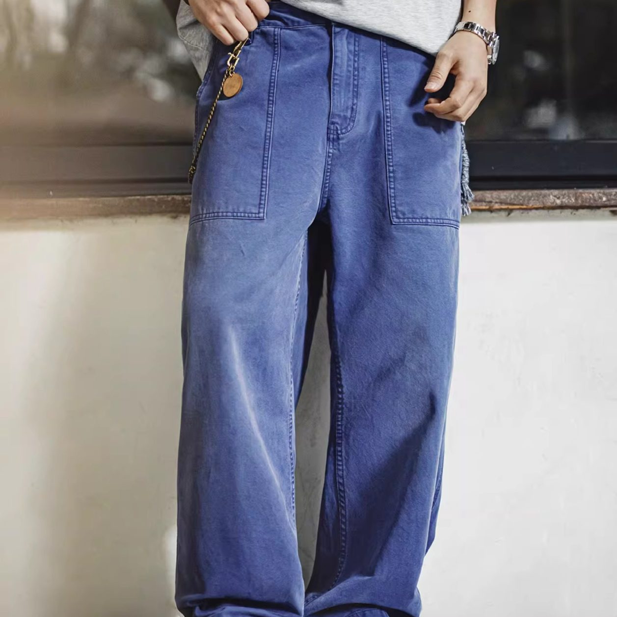 法式復古工裝褲藍色vintage水洗帆布寬鬆直筒休閒褲男春