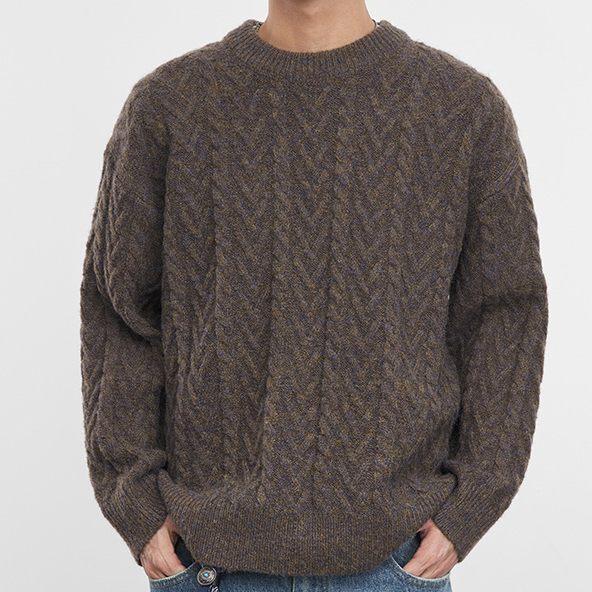 暖織秋冬季寬鬆絞花圓領套頭毛衣男士上衣潮流休閒針織衫