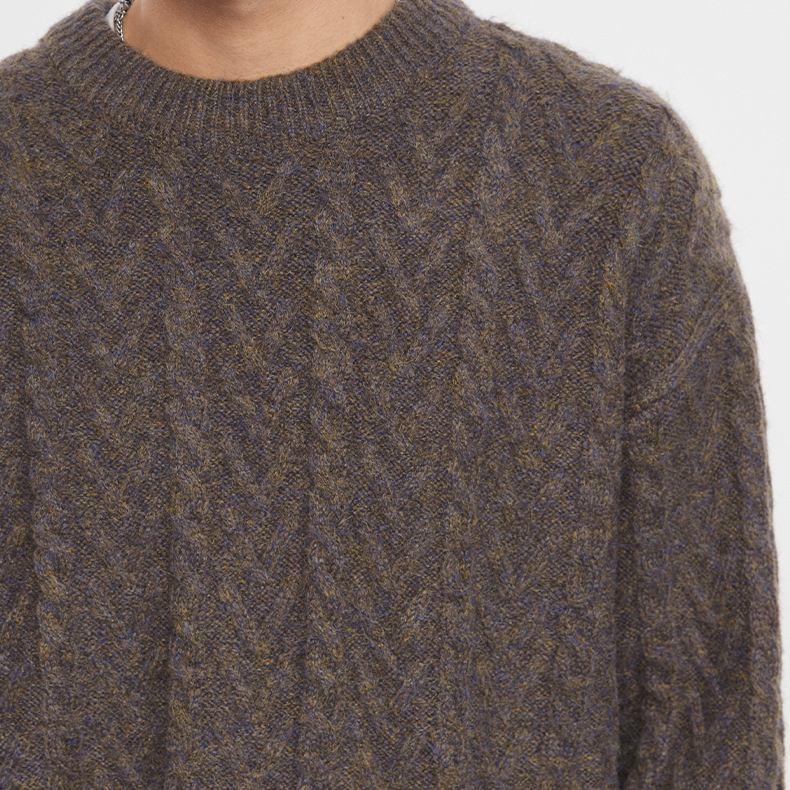 暖織秋冬季寬鬆絞花圓領套頭毛衣男士上衣潮流休閒針織衫