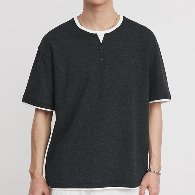 意式老錢風假兩件復古亨利領針織短袖T恤男美式純色休閒春夏