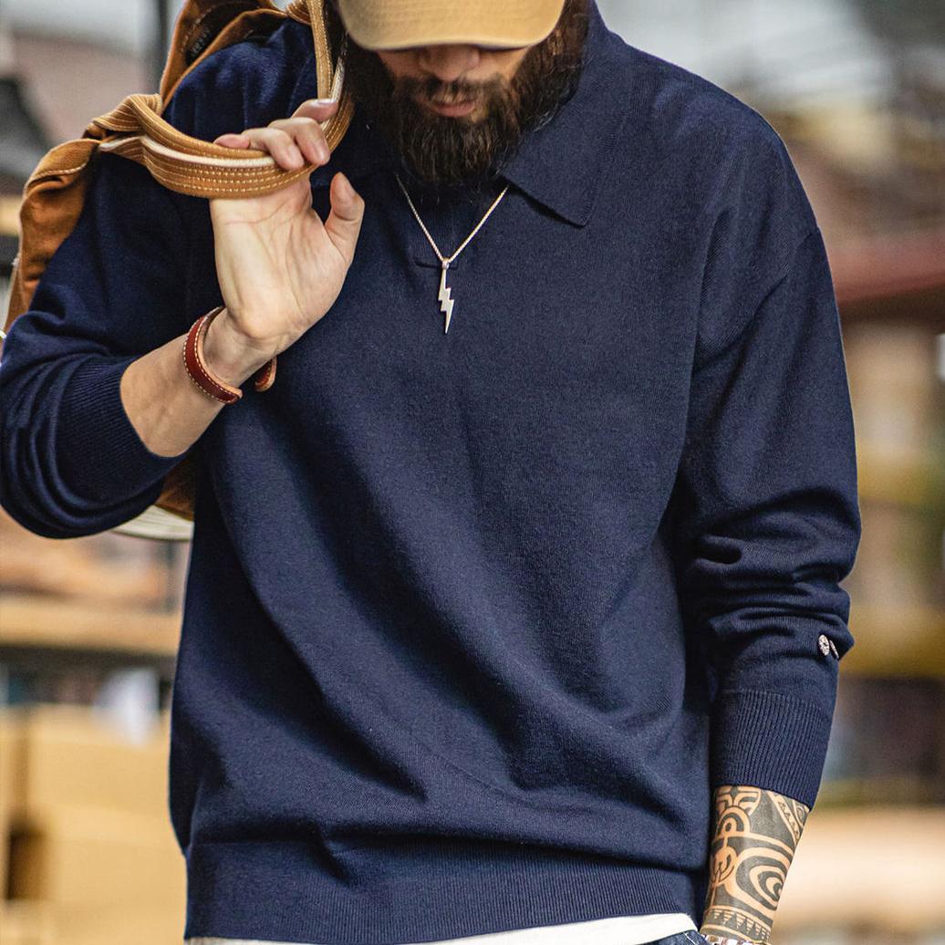 美式休閒海鷗polo領衛衣老錢風灰色針織長袖polo衫男秋季