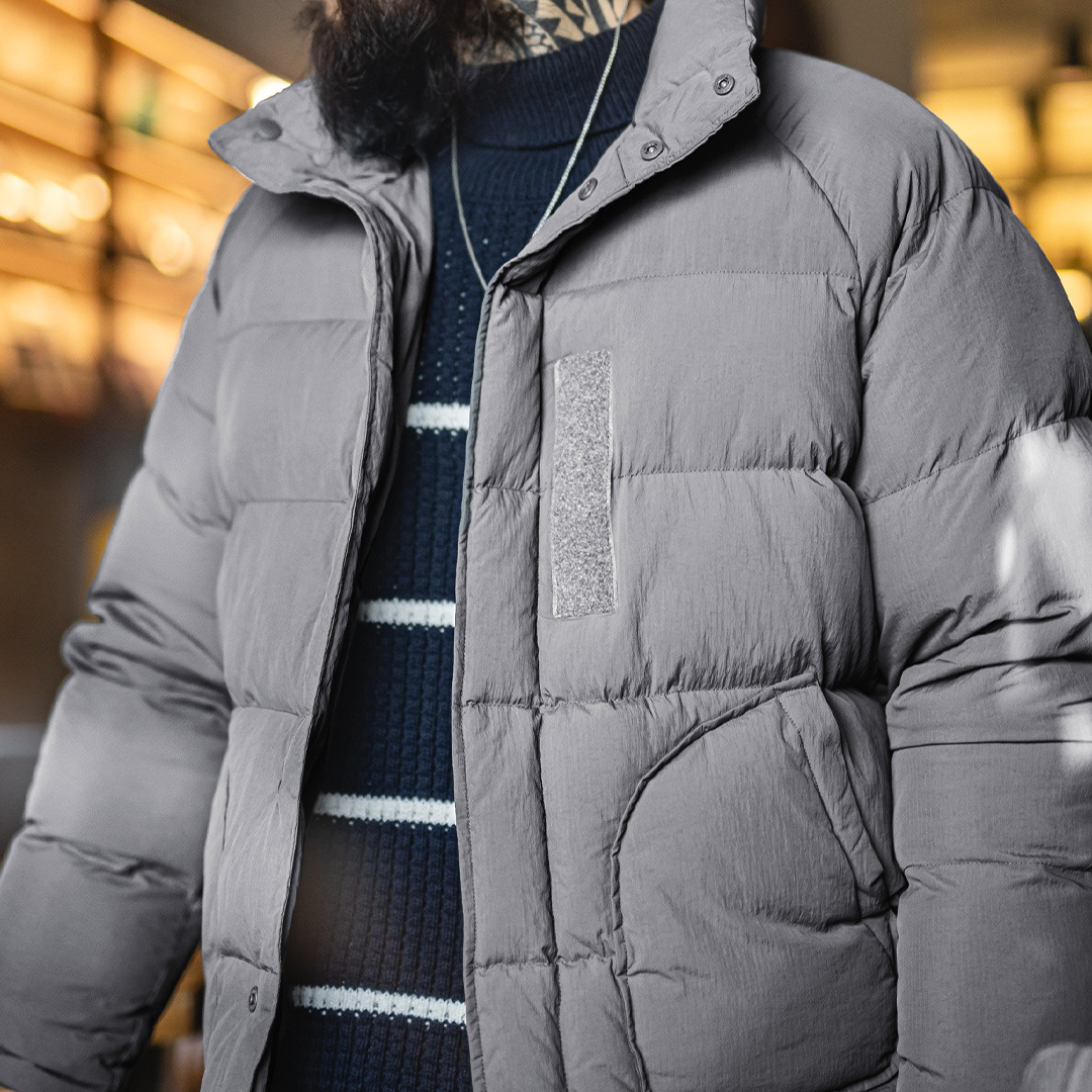 美式灰色尼龍棉服插肩袖外套珍珠棉立領加厚保暖短款夾克