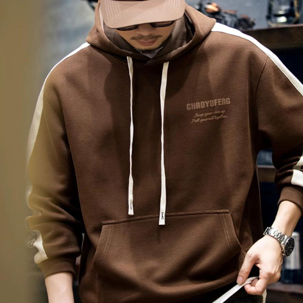 360g美式撞色長袖衛衣男秋季寬松潮牌大碼連帽上衣男休閑外套