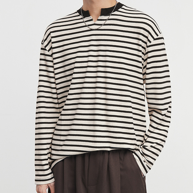 美式小V領210g條紋長袖簡敘T恤男秋冬季新款打底衫上衣潮