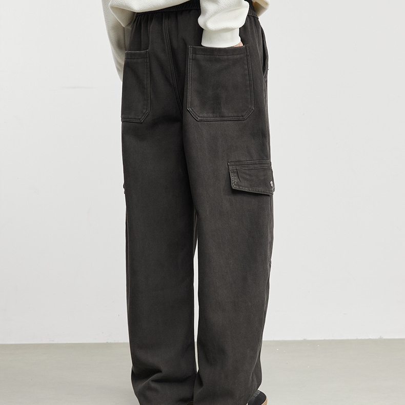 素韻加絨彎刀牛仔褲工裝褲男秋冬季新款寬鬆闊腿保暖褲子