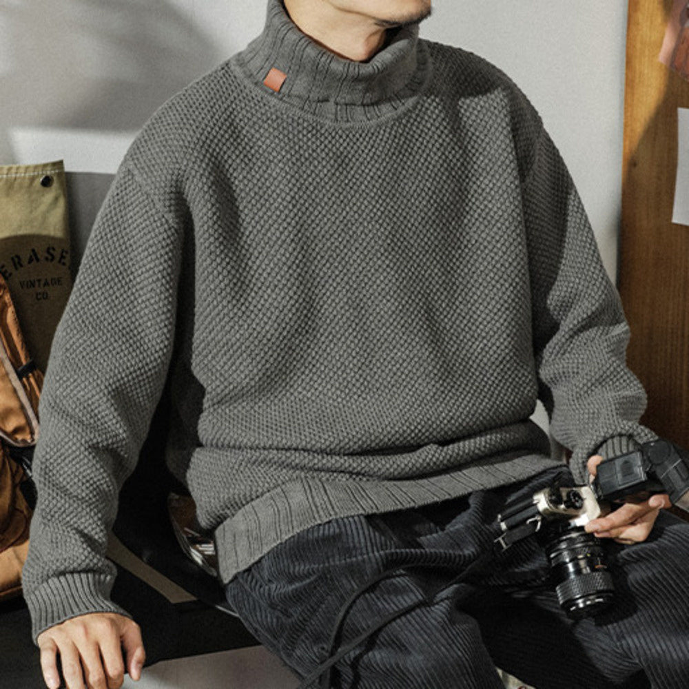 美式潮牌高领毛衣男秋冬季宽松休闲针织衫纯色长袖毛线衣
