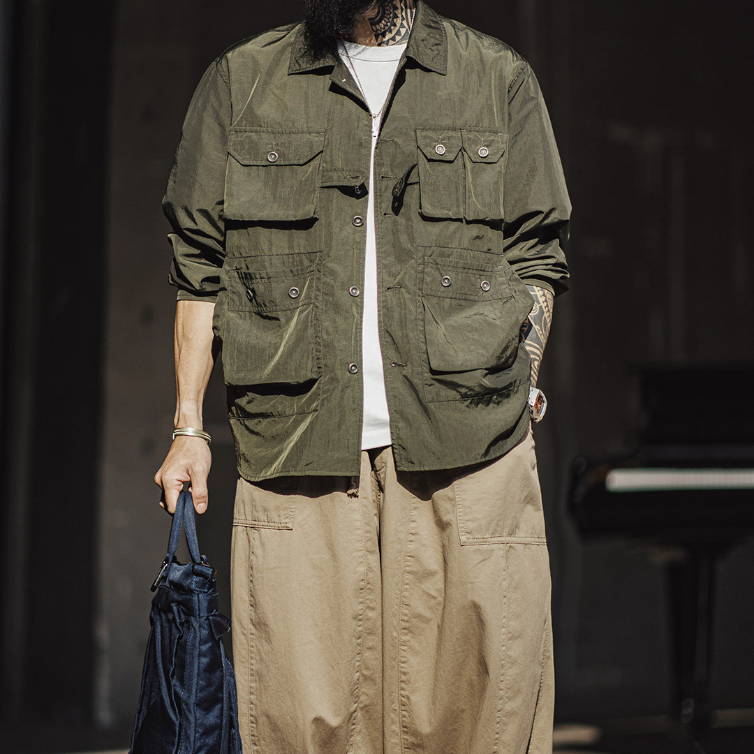 美式復古獵裝襯衫薄款梭織多口袋軍綠色長袖襯衫外套男春