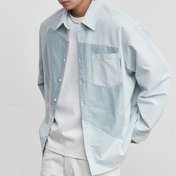 幾何雙拼色襯衫男春秋季新款潮韓版設計感小衆廓形寬鬆上衣潮