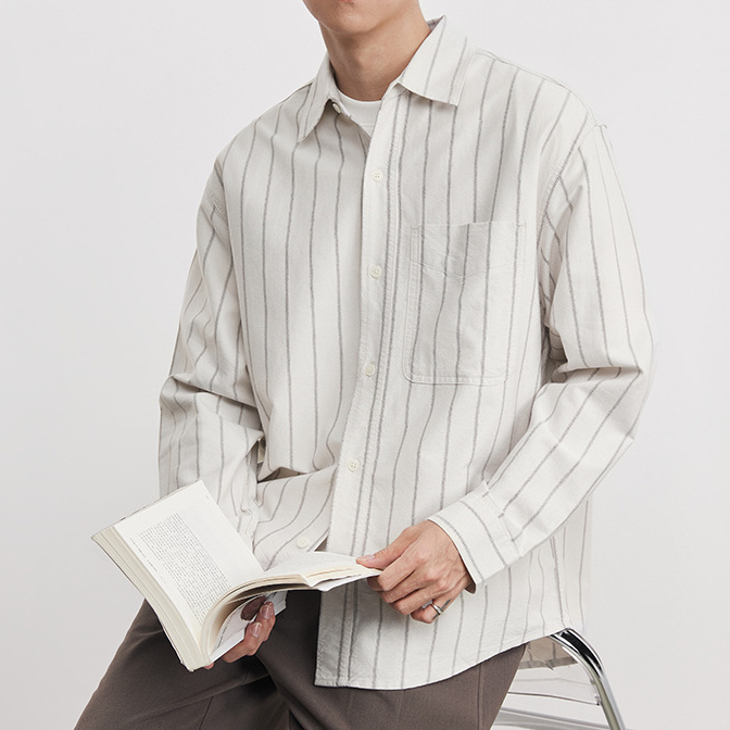 時尚牛津寬條紋純棉翻領長袖襯衫男春秋季2026新款男士襯衣潮