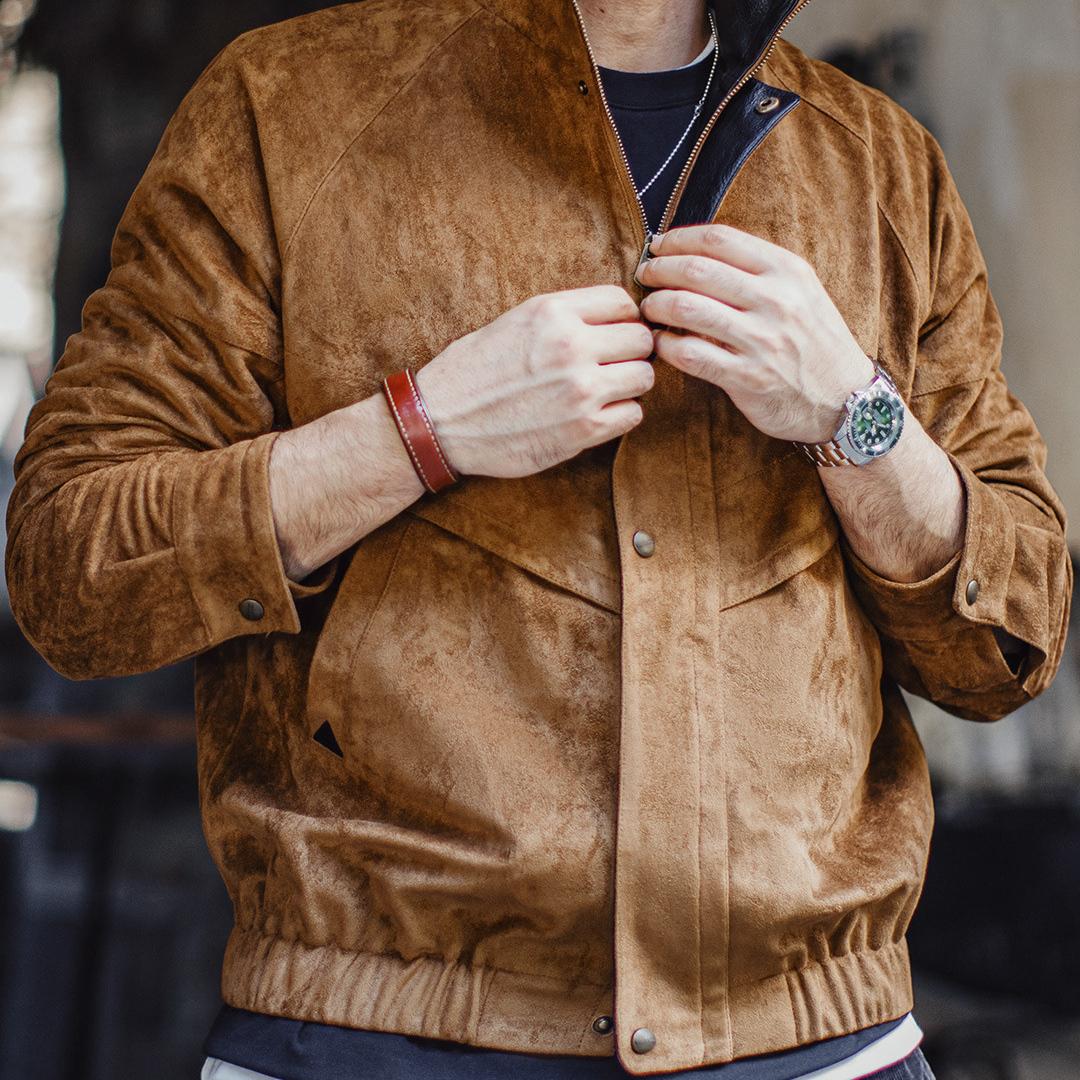 美式復古麂皮絨教練夾克立領短款美拉德翻毛皮外套男秋