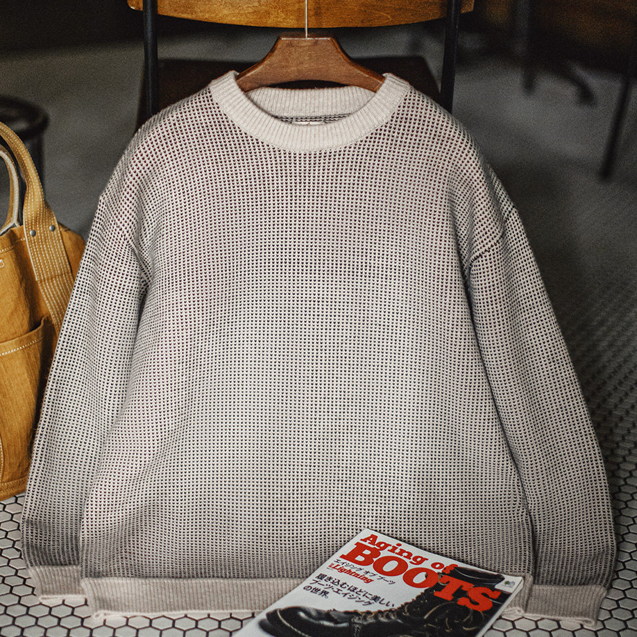 美式老錢風灰色圓領毛衣套頭寬鬆垂感針織衫保暖外套男春