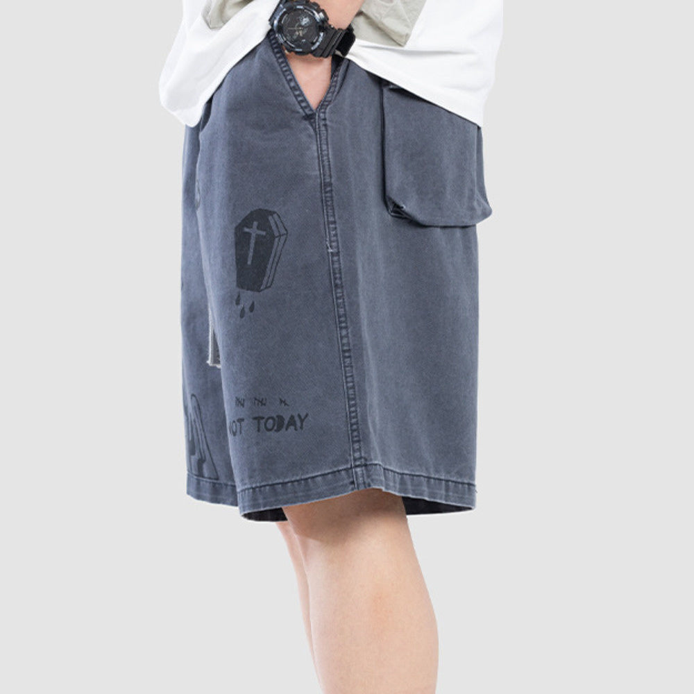 高級感個性塗鴉工裝短褲男士夏季寬松水洗純棉休閑五分褲