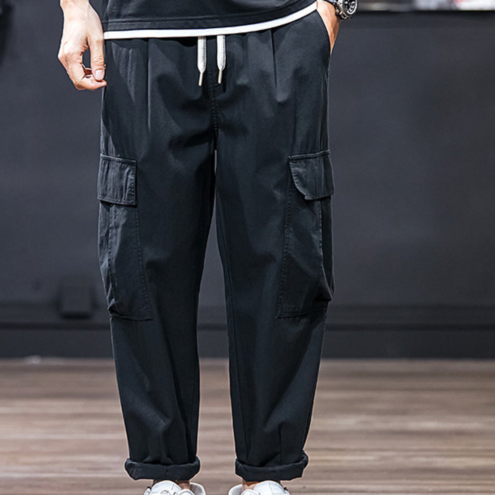 秋季工裝褲男士休閑褲寬松垂感錐形褲闊腿松緊腰長褲男裝純色褲子