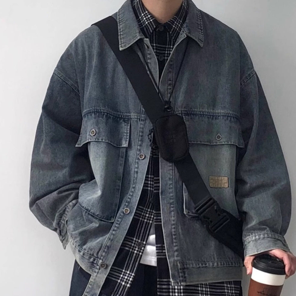 cityboy水洗做舊工裝牛仔夾克外套男春秋款潮牌寬松