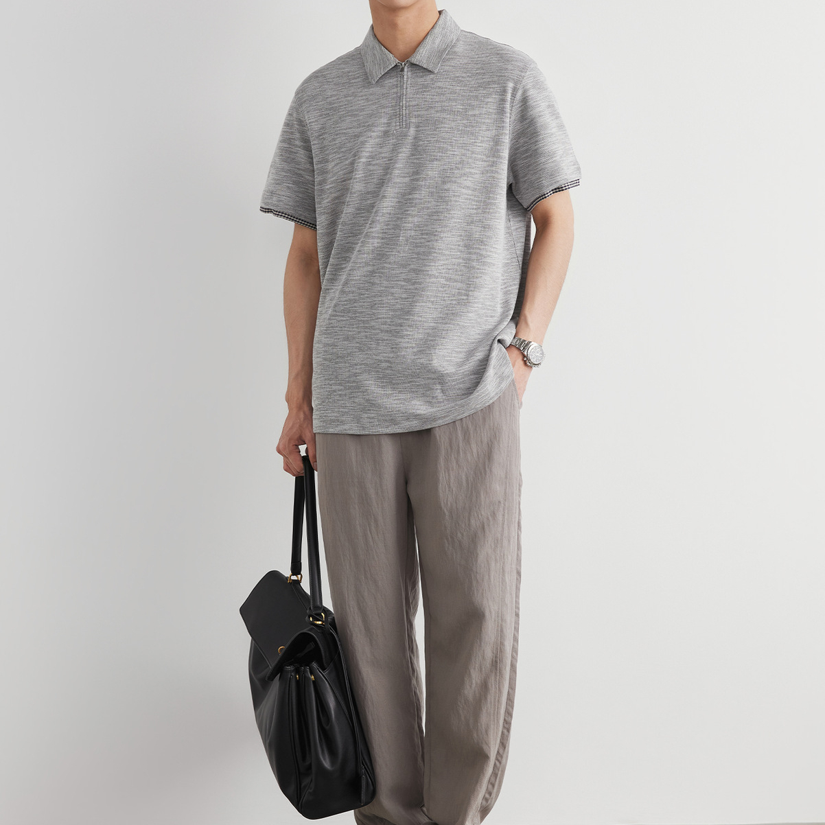 格紋袖口撞邊Polo衫男夏季半拉鍊高彈透氣簡約百搭短袖上衣