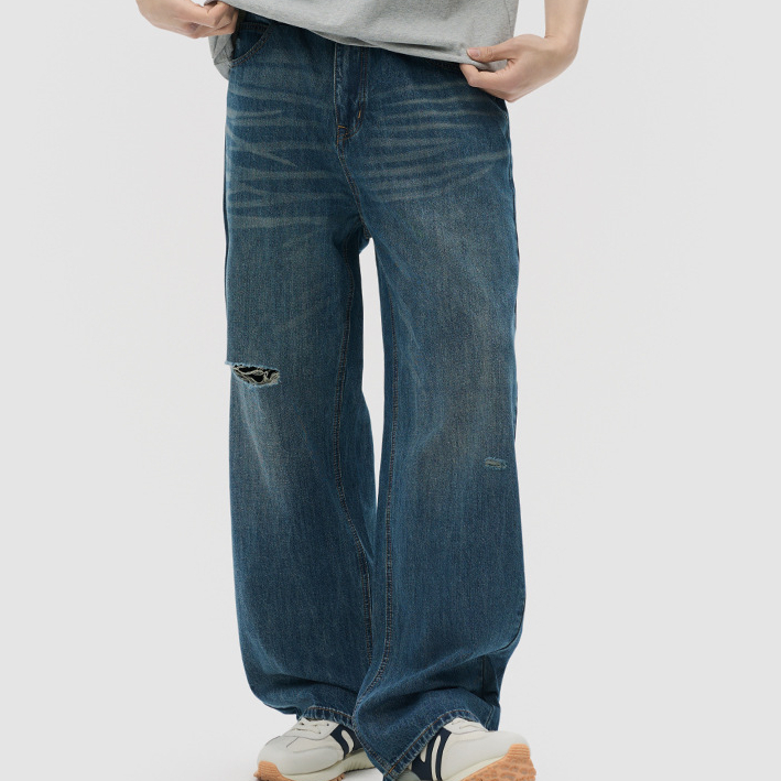 美式高街破洞水洗牛仔褲男高級感潮牌痞帥寬鬆直筒長褲子