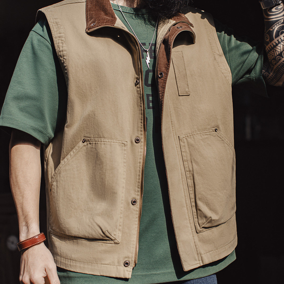 美式復古safari馬甲獵裝純棉卡其色燈芯絨背心外套男款春