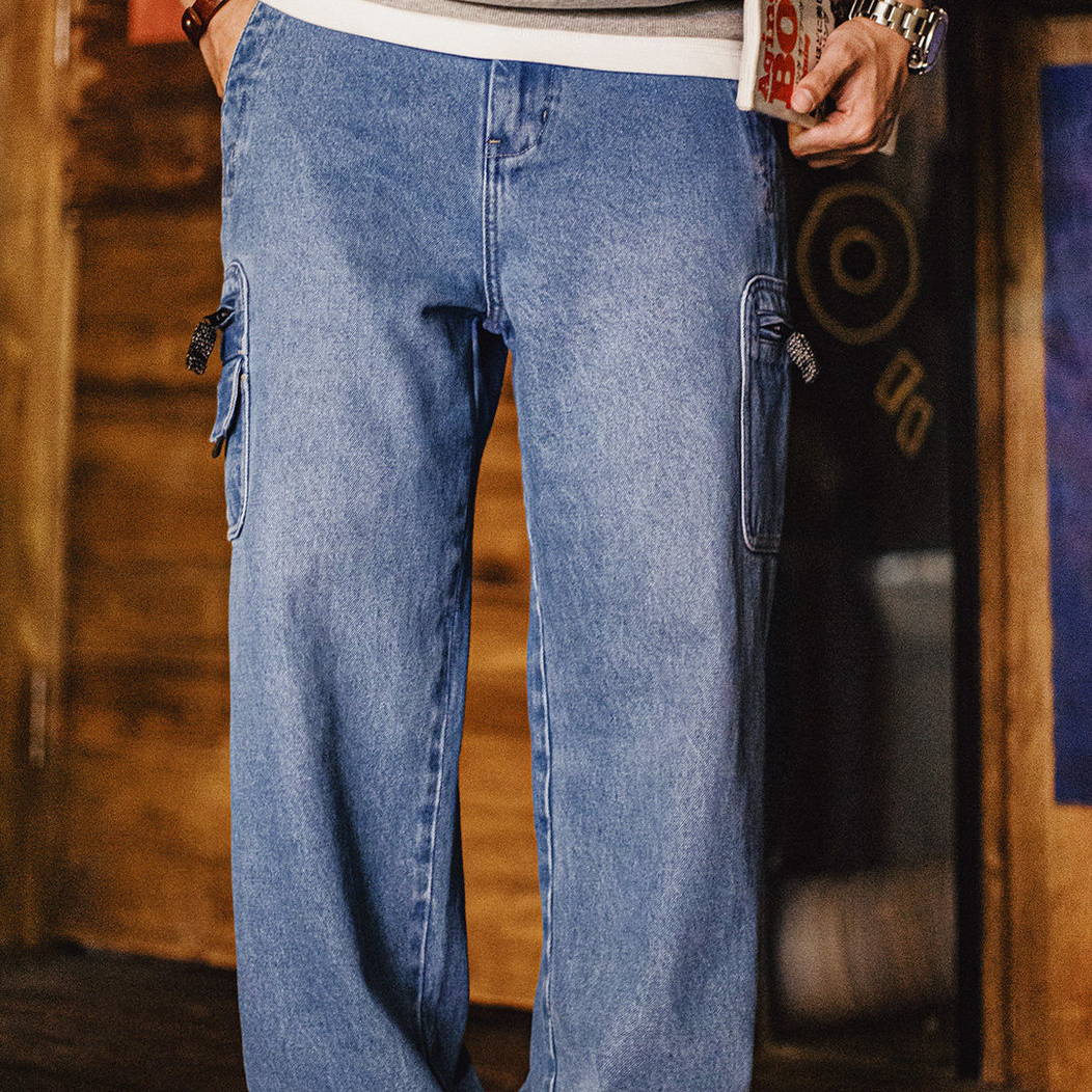 美式水洗牛仔褲丹寧寬鬆直筒日系口袋垂感休閒長褲子男春