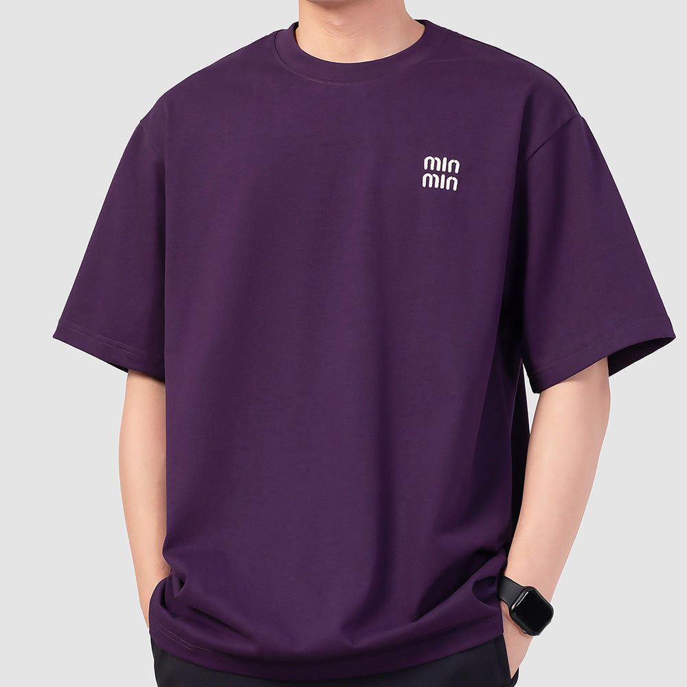 300G美式純棉刺繡圓領短袖T恤男夏季寬松情侶廓形體恤