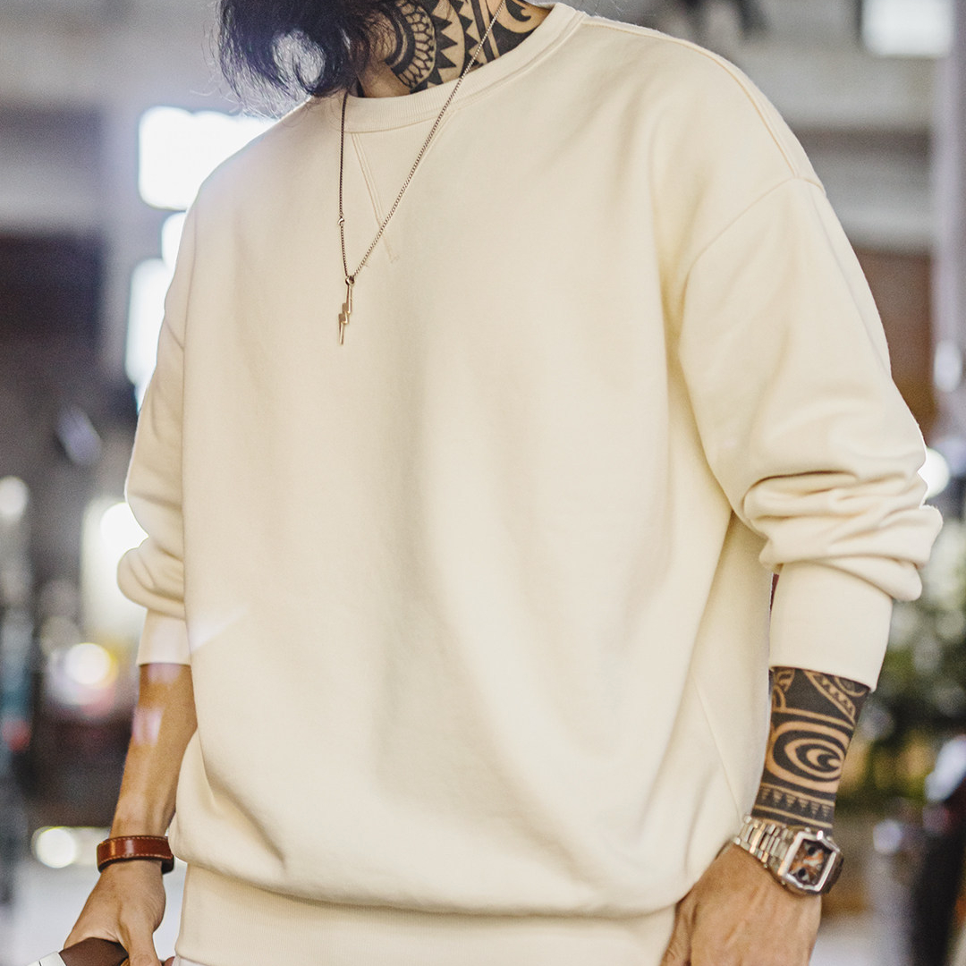 美式新疆棉衛衣紫色圓領套頭無帽外穿寬鬆長袖外套男款春