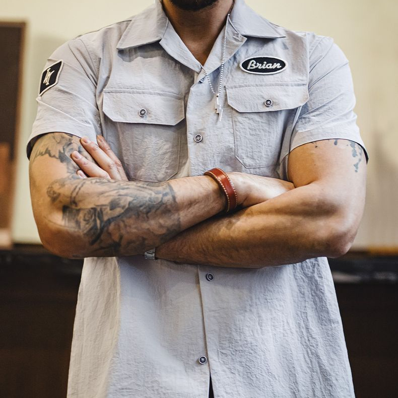 美式復古速度與激情同款古巴領襯衫硬漢vintage襯衣男夏