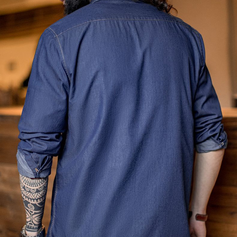 美式復古單口袋工裝牛仔襯衫丹寧休閒長袖修身襯衣男春季