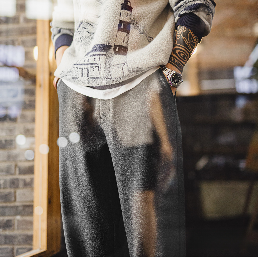 美式灰黑色毛呢西褲老錢風直筒休閒褲垂墜感長褲子男秋冬