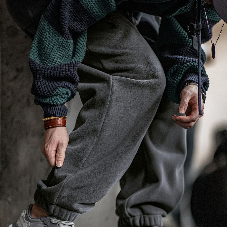 美式雙面搖粒絨束腳衛褲加絨保暖運動休閒直筒長褲男秋冬