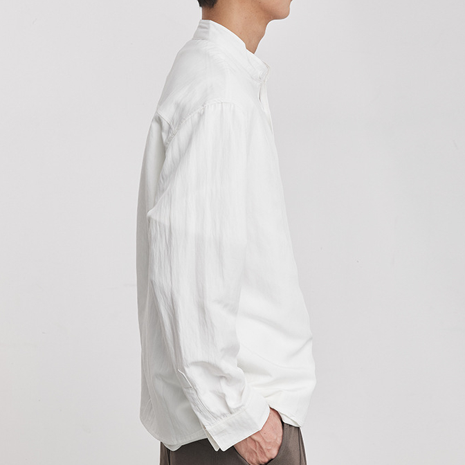 亞麻中式立領休閒襯衫男春季微闊純色休閒簡約百搭長袖上衣