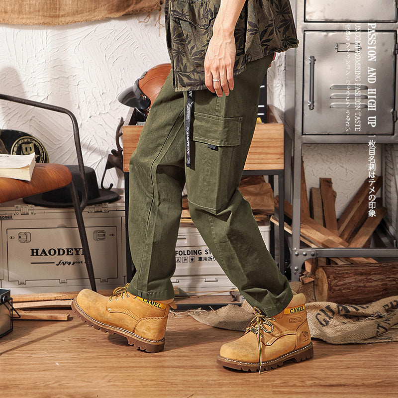 直筒機能工裝褲男潮牌嘻哈寬松闊腿百搭大口袋休閑褲