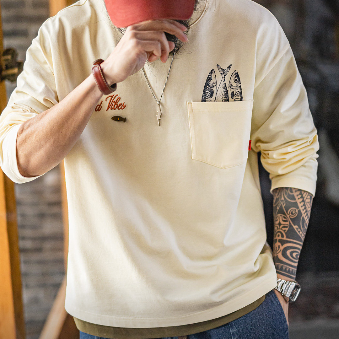 美式印花口袋長袖T恤純全棉舒適圓領打底內搭體恤男款春