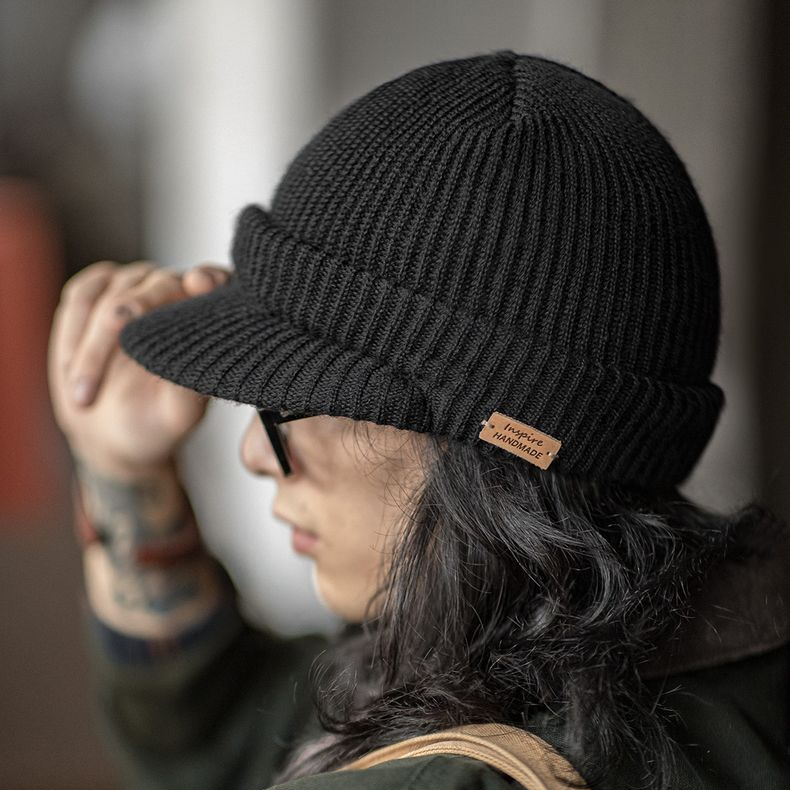 復古黑色針織毛線鴨舌帽包頭護耳防寒保暖羊毛帽子男女冬