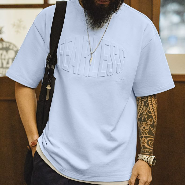 美式休閒3D印花純棉鋼印T恤淡藍透氣寬鬆高街短袖男春夏