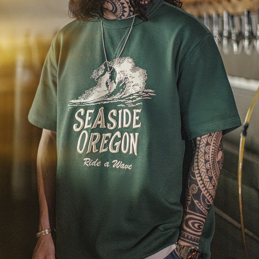 美式復古立體刺繡T恤數碼印花螺紋領口綠色短袖男士夏季