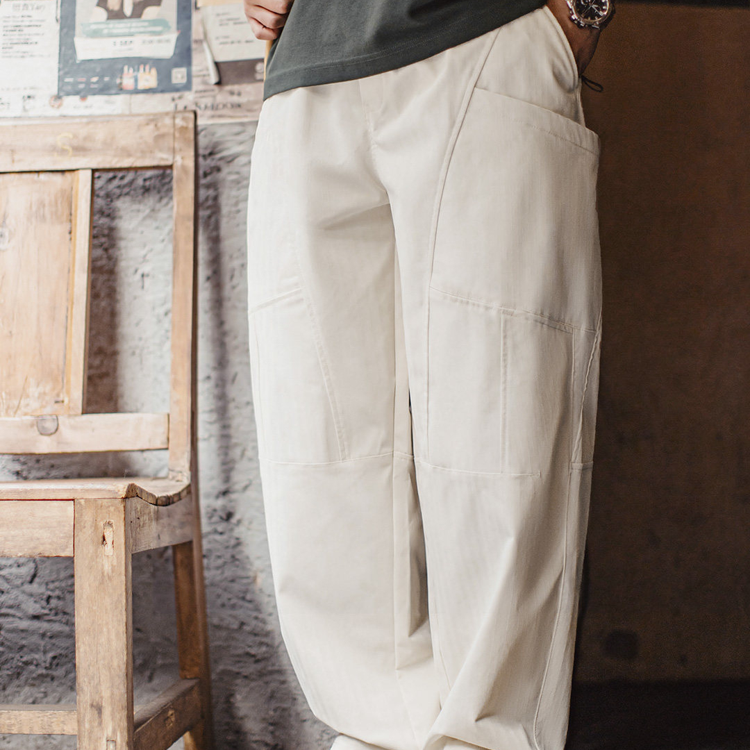 美式解構白色牛仔褲抽繩鬆緊束腰闊腿寬鬆薄款休閒褲男春