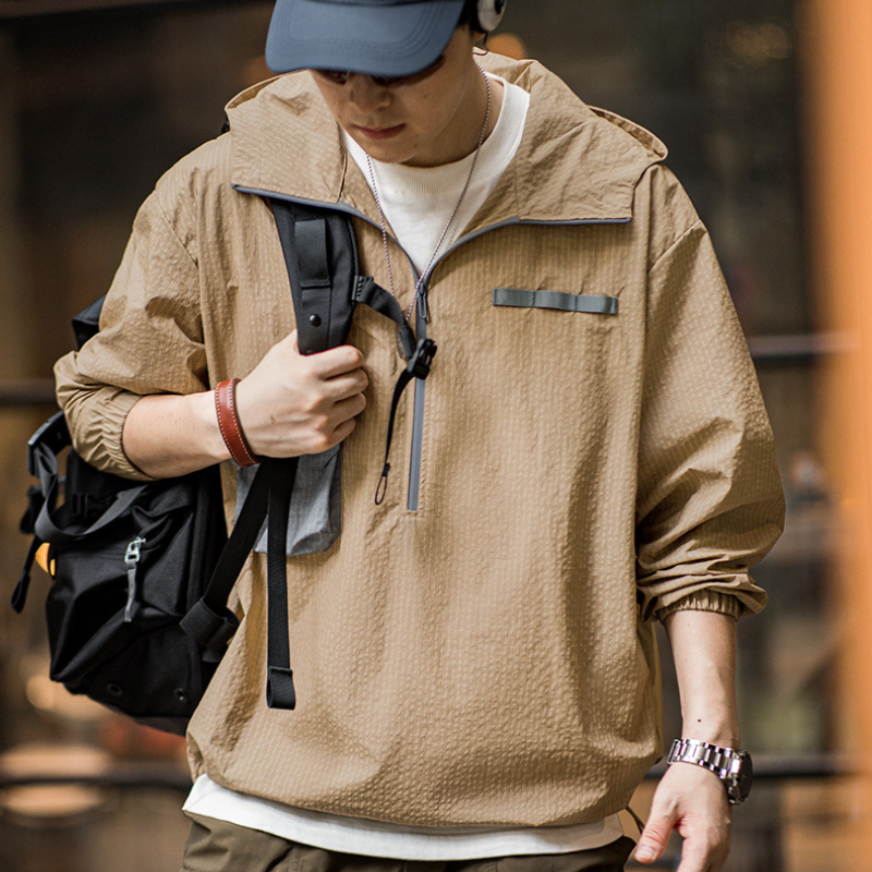 山系戶外半拉鍊套頭衛衣夾克寬鬆撞色薄款連帽衫外套男秋