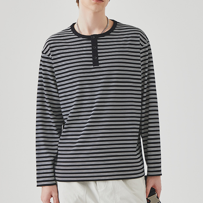 撞色條紋長袖男T恤春季新款潮牌寬鬆圓領內搭上衣打底衫