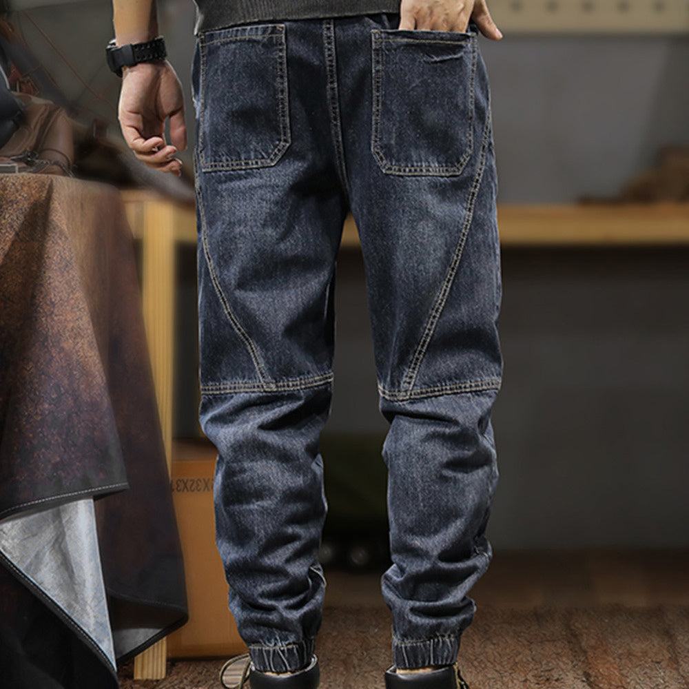 美式復古潮牌水洗束腳牛仔褲男寬松大碼百搭秋冬款工裝休閑褲