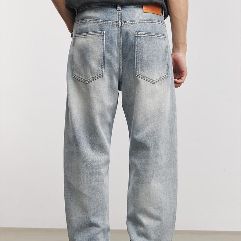 極簡線條彎刀牛仔褲男夏季寬鬆直筒做舊水洗漸變美式復古長褲